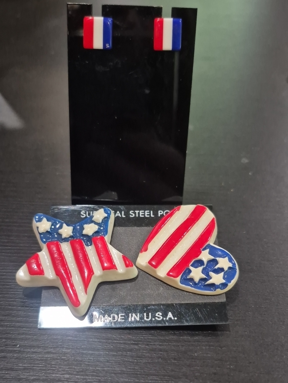 Vintage Patriotic Earrings USA Flag Star & Heart Statement & Studs